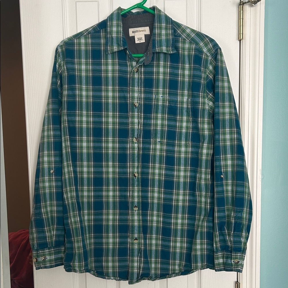Green and Blue Plaid Button-Up Shirt - M